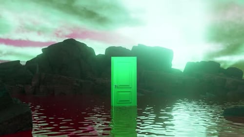Puerta verde que se abre en un paisaje sangriento surrealista