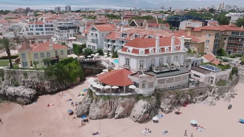 Aerial Panoramic View of Praia Da Rainha and Historic City Centre of Cascais Portugal