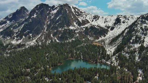 Mountain Lake with Snow Mountains and Green Forest