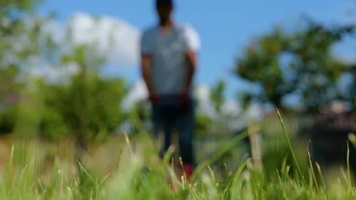 Man Mowing the Lawn with a Lawnmower Care for the Garden and Grass Gardener Pruning a Garden Garden
