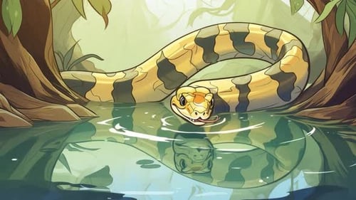 Anaconda Crawling in Amazon Rainforest River - Snake - Wildlife Cartoon Animation