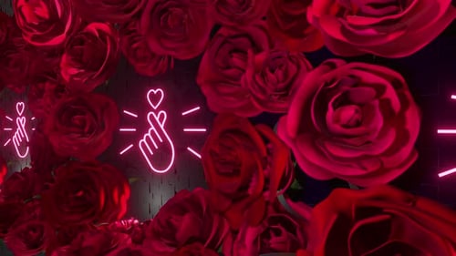 Neon Heart Gesture with Red Roses Background