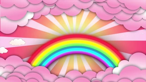 Looping Rainbow with Pink Clouds and Sun Rays Background