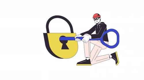 Cyber criminal unlocking lock with key in keyhole line 2D character animation
