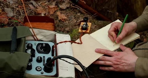 Man Using Vintage Radio and Telegraph in Forest