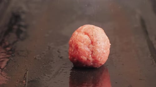 Cooking American Fat Smash Burger on Grill Closeup Beef or Pork Cutlet Smashing By Burger Press The