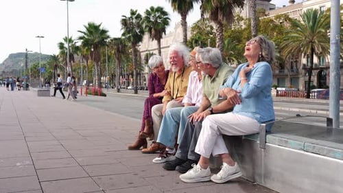 Cheerful Seniors Friends Laughing Together on a City Bench