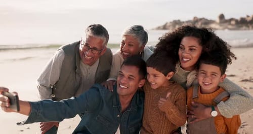 Beach, selfie and happy big family in nature bond, travel and relax outdoor together