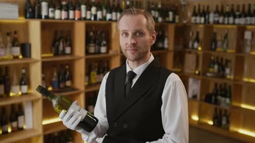 Smiling Sommelier Holding Bottle of Wine in Cellar