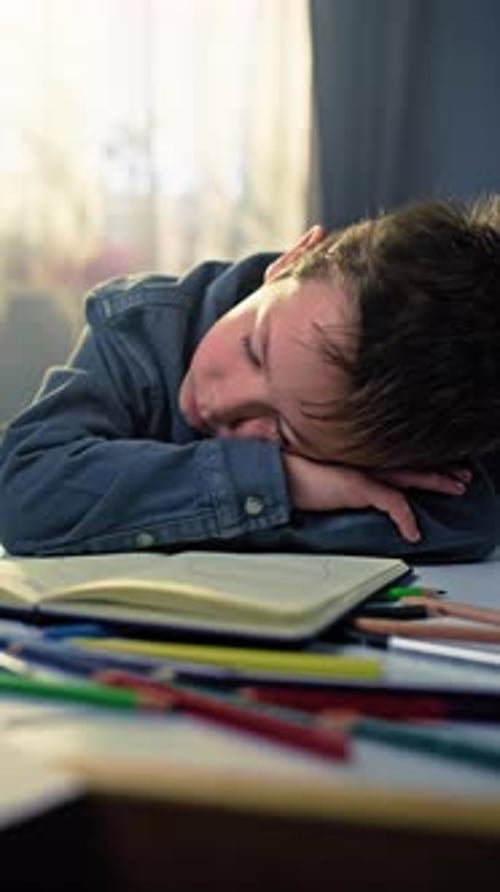 Boy Sleeping on Desk with Pencils