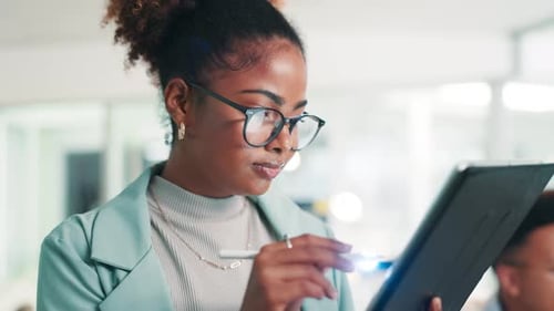 Happy woman, software developer and writing with tablet for UI testing, UX