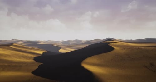 Expansive Desert Landscape Under a Cloudy Sky with Rolling Sand Dunes