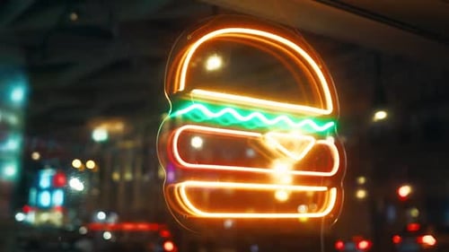 Neon Hamburger Sign Lights Up Window Enhancing Visual Effects in City