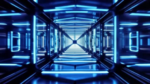 Flying Through Futuristic Blue Light Tunnel