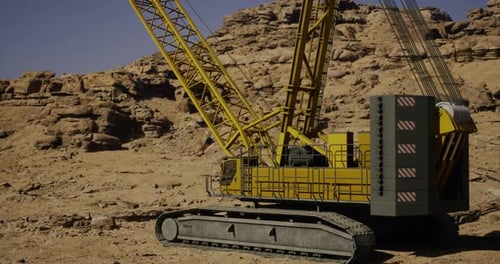 Realistic 3D Industrial Crane Rotating in Desert Environment