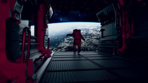 An Astronaut Runs and Almost Falls Out of a Spaceship Into Outer Space