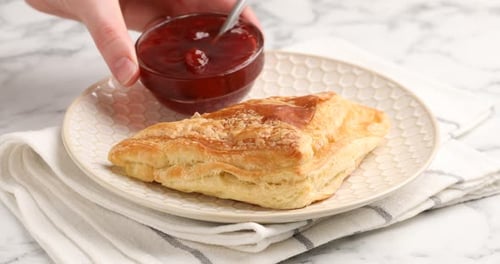 Puff Pastry Appetizer with Berry Jam, Close Up