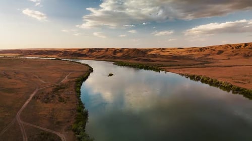 Drone Shot of River Ili and Spring Steppe in Kazakhstan
