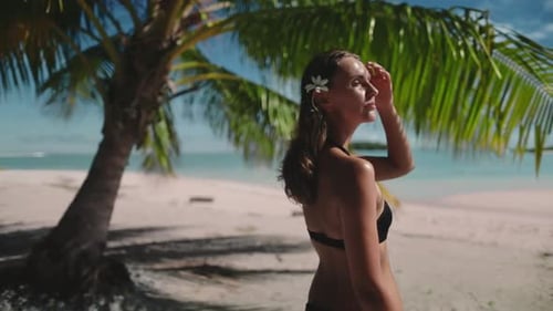 Tourist Woman Relaxing Under Palm Tree on Tropical Island Beach