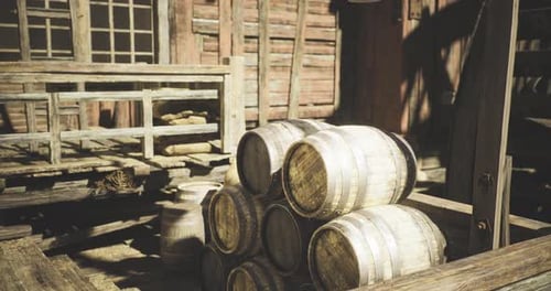 Rustic Wooden Barrels in Old Storehouse Cinematic Camera Pan