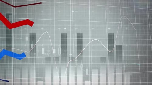 Animation of red and blue lines moving with statistics of financial data processing over grid
