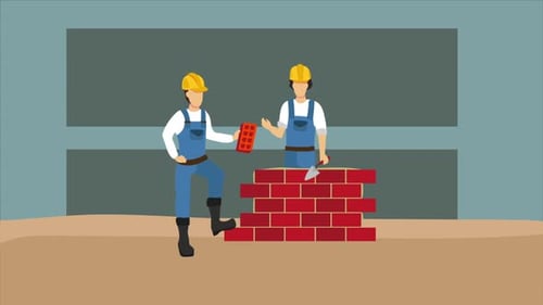 Animated Flat Design Construction Workers Building Brick Wall