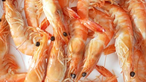 Delicious boiled Shrimp with shell in the video. 4K.