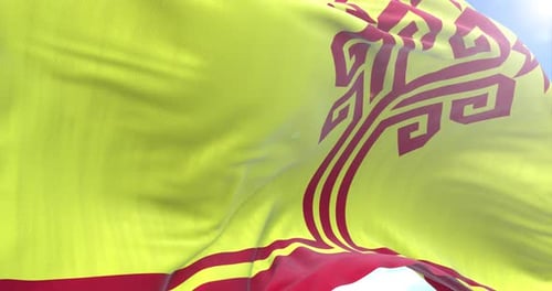 Stylized Yellow Flag with Red Emblem Waving Loop