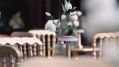 Elegant white flower centerpiece on wedding reception table