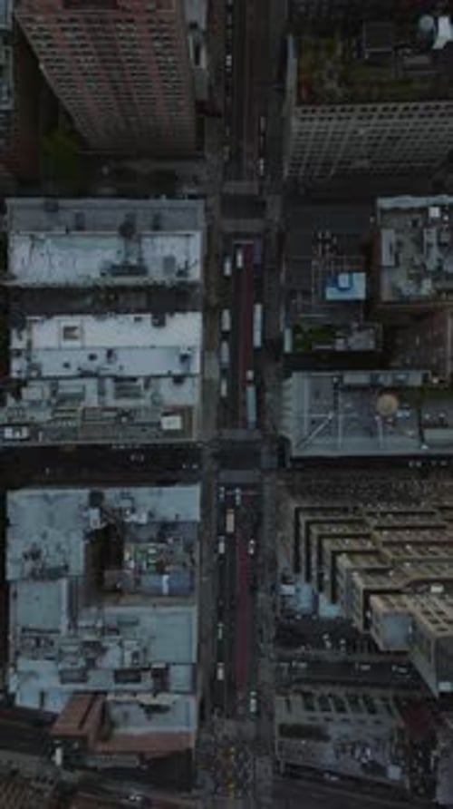 Vertical Video Reveals a Manhattan's Bustling Street with Traffic and Towering Skyscrapers' Rooftops
