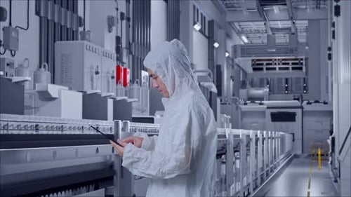 Side View Of Asian Male Scientist Using A Tablet At Medical Factory