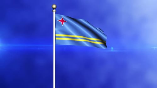 Aruba National Flag Waving Animation on Blue Background