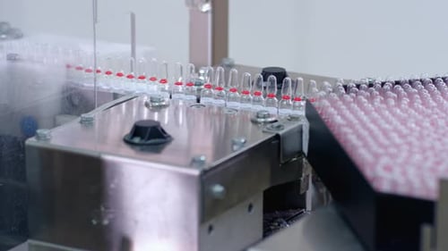 Medical vials moving swiftly along automated production line in pharmaceutical factory