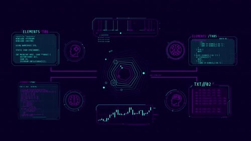Pantalla animada con elementos infográficos y códigos de programación
