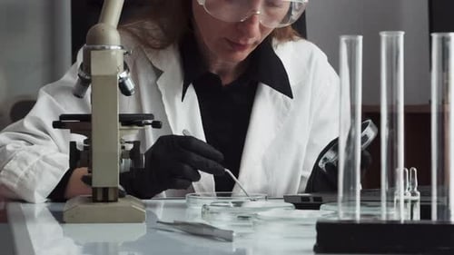 Female Scientist Examining Sample in Petri Dish with Microscope