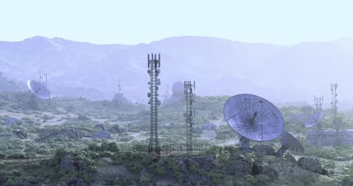 Communication Towers and Satellite Dishes in a Mountainous Rural Area