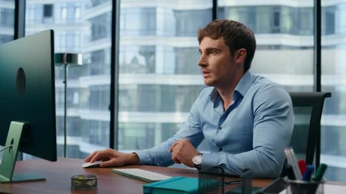 Satisfied Businessman Relaxing Dreaming at Office Closeup. Calm Man Having Break In
