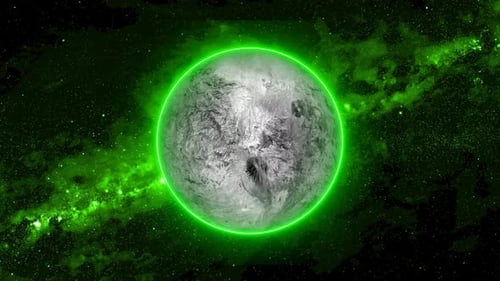 Rotating Cosmic Planet with Green Neon Glow in Space