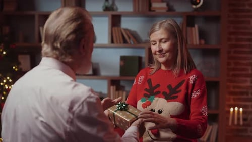 Mature Couple Exchanging Gifts and Embracing at Christmas