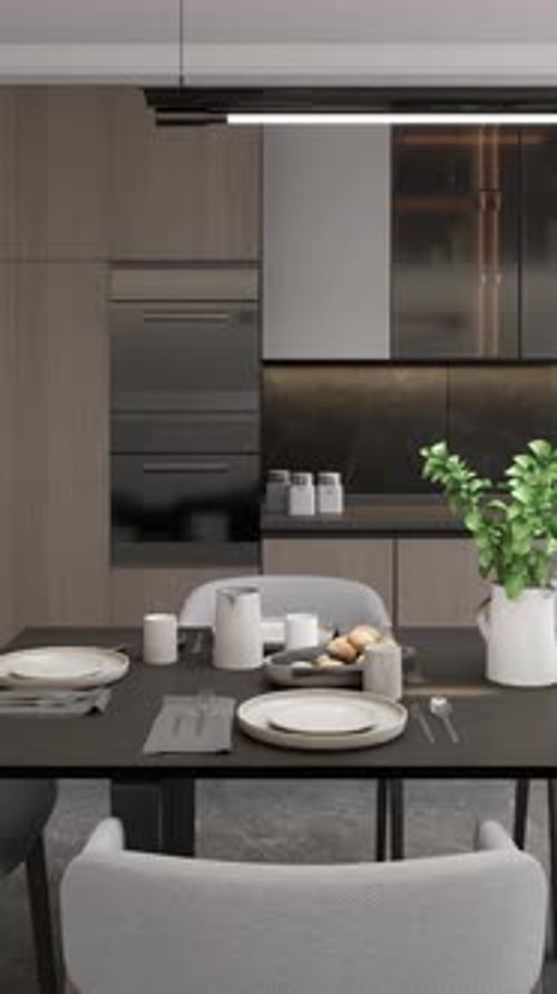 Küche im modernen Stil mit überdachtem Esstisch. 3D-Renderer