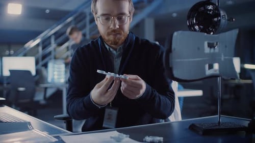 Electronics Development Engineer Working at His Desk, Fits Component into Prototype. Professionals