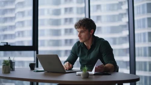 Excited Trader Rejoicing Win Browsing Laptop at Company Workspace Closeup