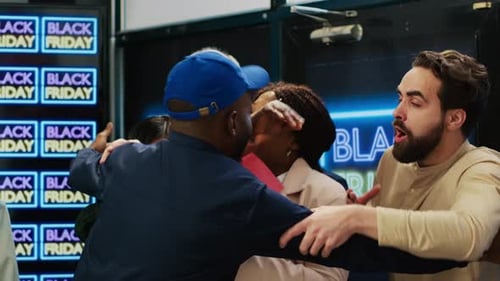 Enthusiastic Customers Pushing Past Store Staff