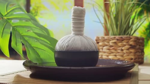 Spa Background Candles Flowers Massaging Stones and Herbal Balls Massage Oriental Therapy Wellbeing