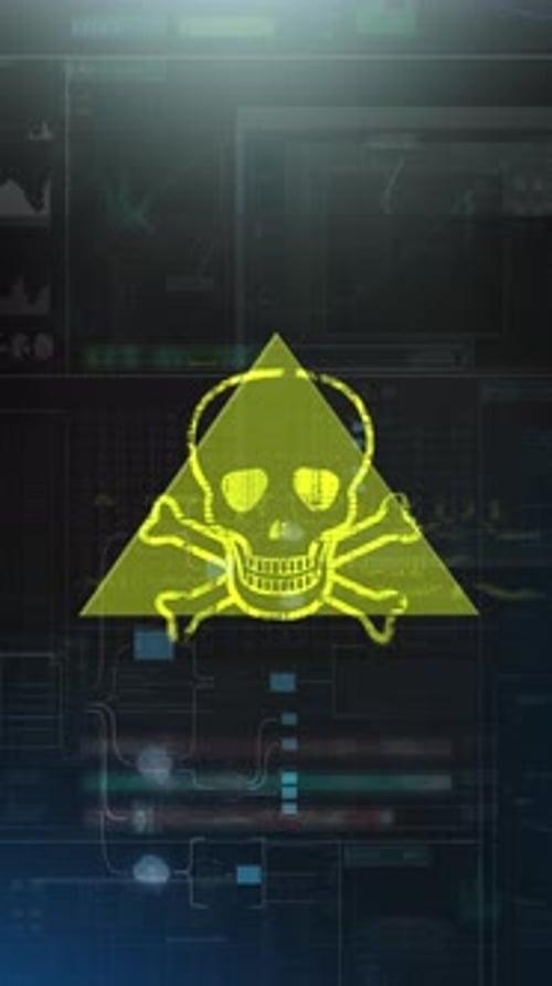 Glowing yellow skull and crossbones warning symbol appears inside a digital interface