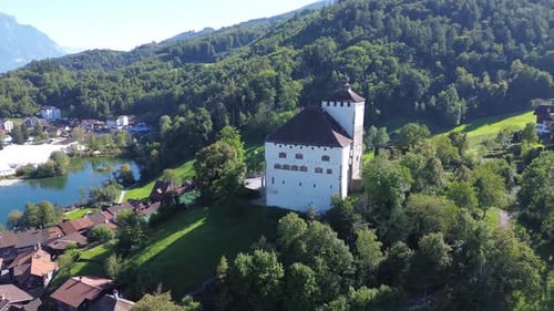 Beautiful view of top to Werdenberg castle. View from drone, quadrocopter to the medieval castle