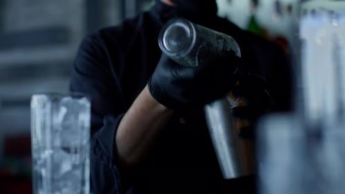Bartender Preparing Drink with Shaker in Restaurant Bar