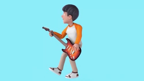 Energetic 3D Animated Boy Playing Electric Guitar Loop