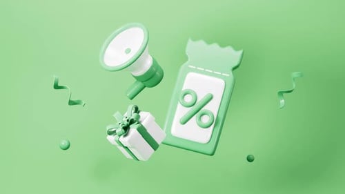 Cartoon coupon and gifts, microphone in the green background, 3d rendering.