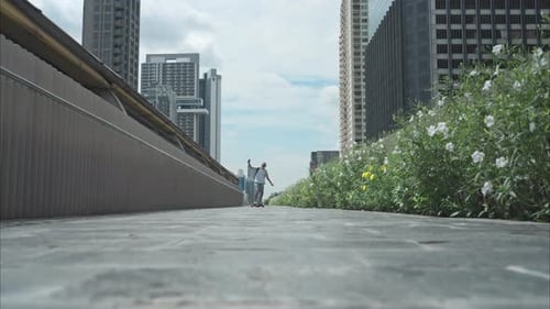 Senior man riding an electric skateboard in the city, enjoying urban lifestyle